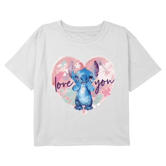 Girl's Lilo & Stitch Love You Tropical Heart Graphic Cropped T-Shirt
