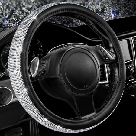 CAR PASS Bling Diamond Leather Steering Wheel Cover Sparkly Crystal Glitter Rhinestones Universal Fit 14" 1/2-15" Steering Wheel Protector Women Girl Suvs,Vans,Sedans,Car,Trucks, Silver