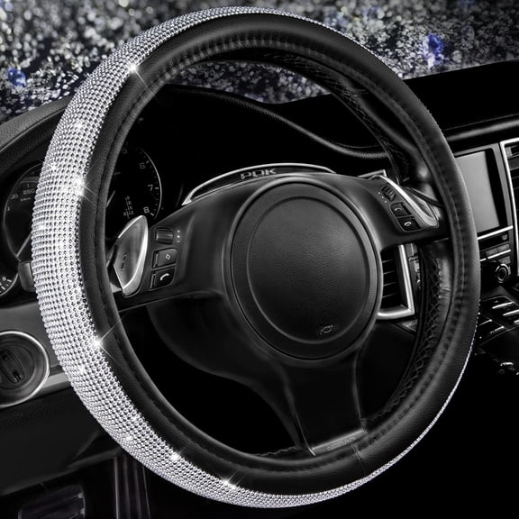 Bling Diamond Leather Steering Wheel Cover, with Bling Sparkly Crystal Glitter Rhinestones Universal Fit 14.5in-15in Car Wheel Protector for Women Girl Fit Suvs,Vans,Sedans,Car,Trucks, Silver