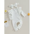 thumbnail image 4 of Musuos Newborn Girl Autumn Jumpsuit 3 6 12M Solid Color Round Neck Flying Sleeve Ruffled Zipper Romper with Bow Headband, 4 of 10