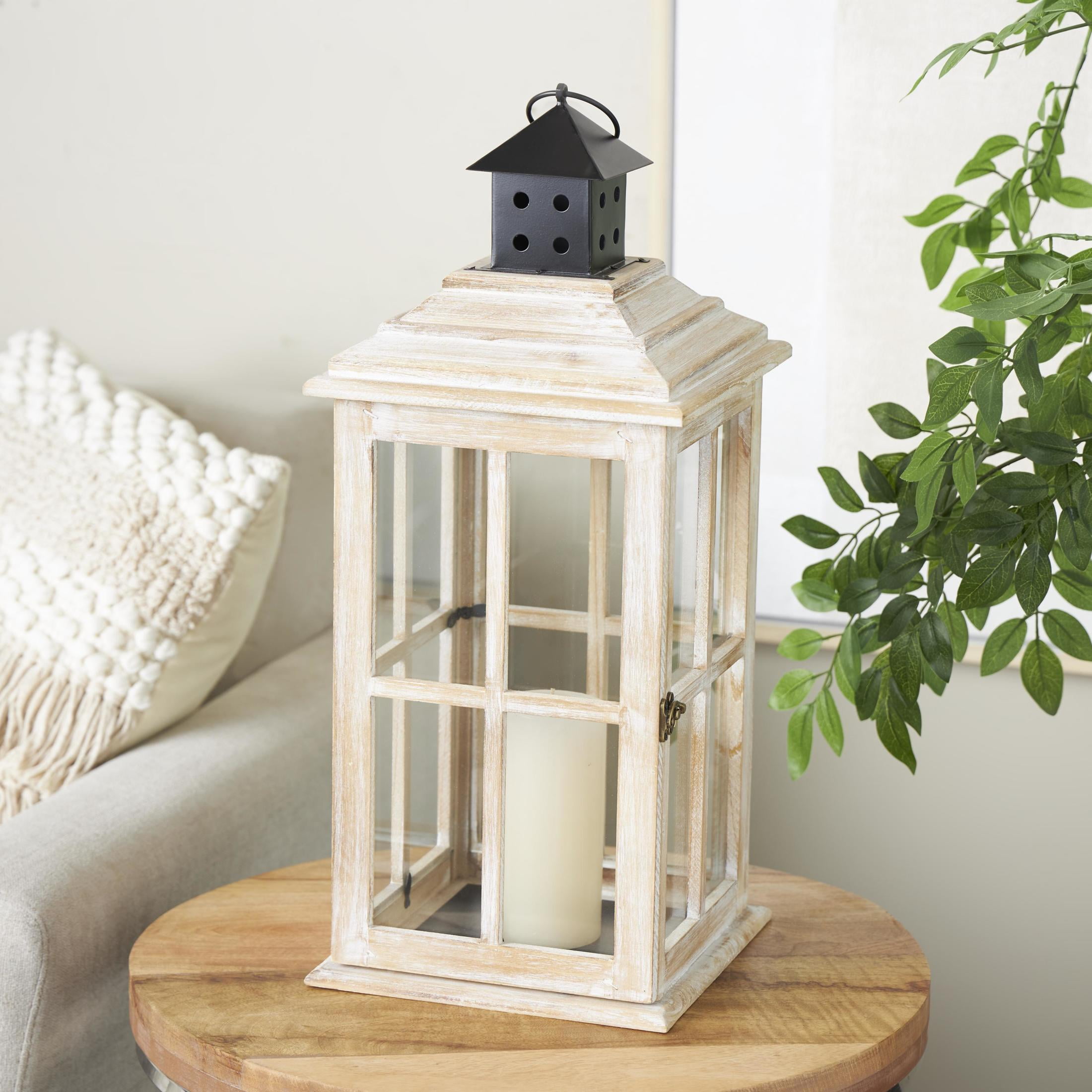 DecMode Light Brown Wood Light House Decorative Candle Lantern with Black Ring Handle