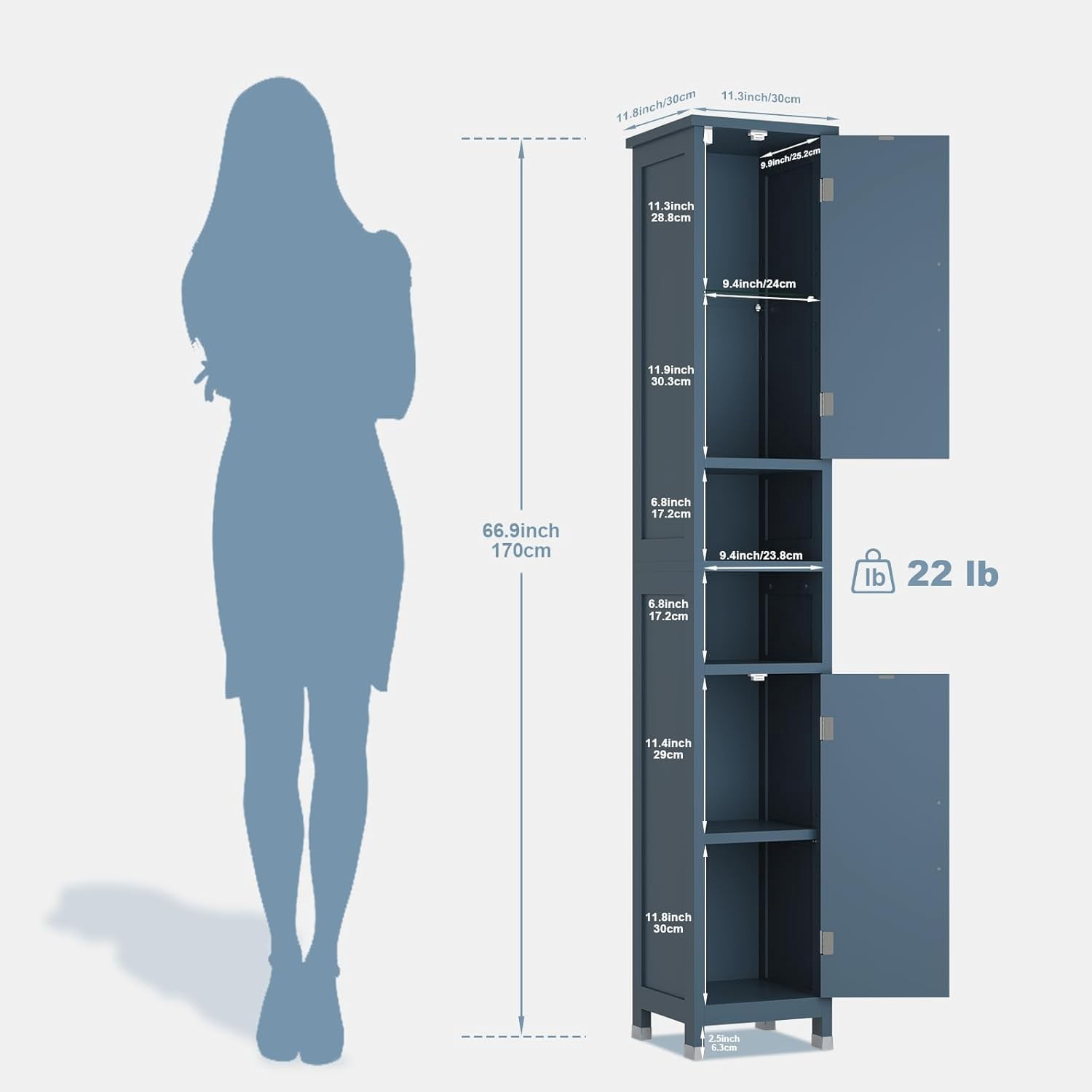 67" Tall Bathroom Storage Cabinet with Lights, Slim Narrow Bathroom Cabinet Organizer with Doors and Adjustable Shelves, Tall Cabinet for Small Space, Living Room, Kitchen, Blue