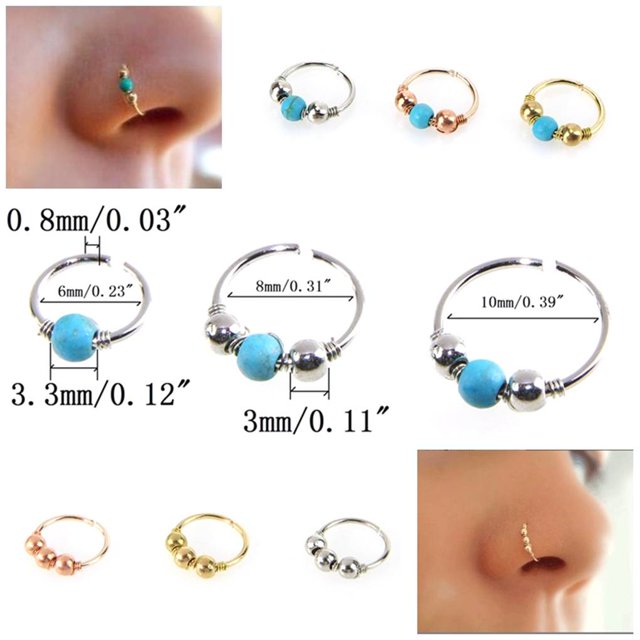 Turquoise Beaded Ear Bone Nail Copper Geometric nose pierce open Nose Rings Clips Lip Body Piercing Stud Earring Jewelry