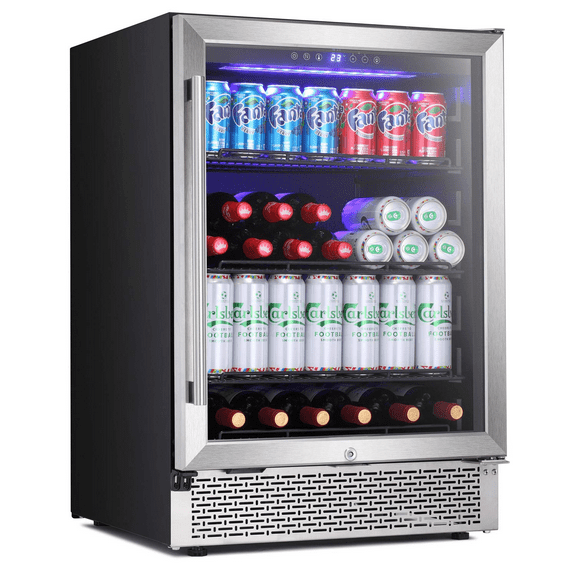 24”Wine Cooler Cabinet Built-in or Freestanding, Beverage Refrigerator with Stainless Steel Glass Door, Removable Wire Racks, Digital Memory Temperature Control, and Safety Lock
