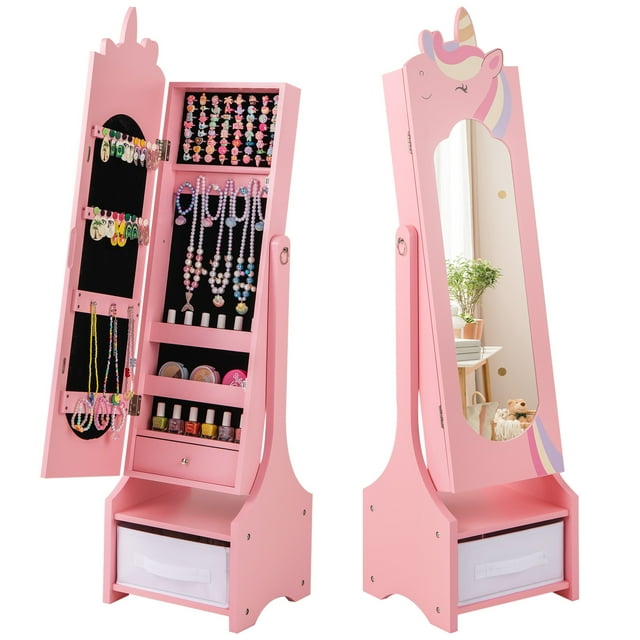 Costway Kids Jewelry Cabinet with Full-Length Mirror 2 Adjustable Tilt Angles Drawer Pink