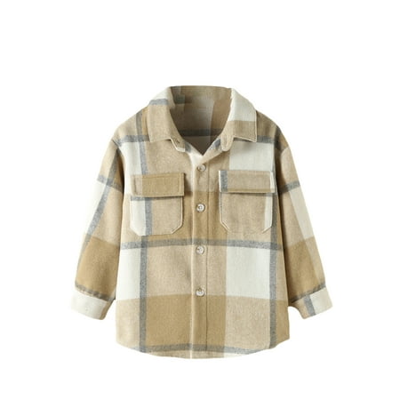 

xingqing 0-5Y Toddler Boy Girl Flannel Shirt Jacket Plaid Long Sleeve Lapel Button Down Shacket Fall Winter Coat Khaki 5-6 Years
