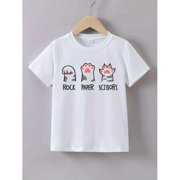 Youngsters' Summer Cartoon "Cat Paw" Print T-Shirt - Soft Cotton & Spandex Blend, Casual Crew Neck, Short Sleeve Tee with Rock Paper Scissors Game Graphic for Girls
