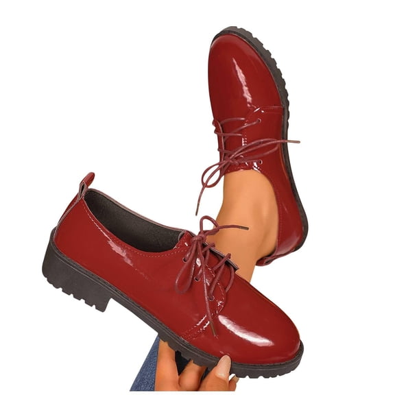 Gpaecead Women Glossy Lace Up Loafers British Style Patent Leather Square Heel Outdoor Heightening Comfortable Shoes, Burgundy