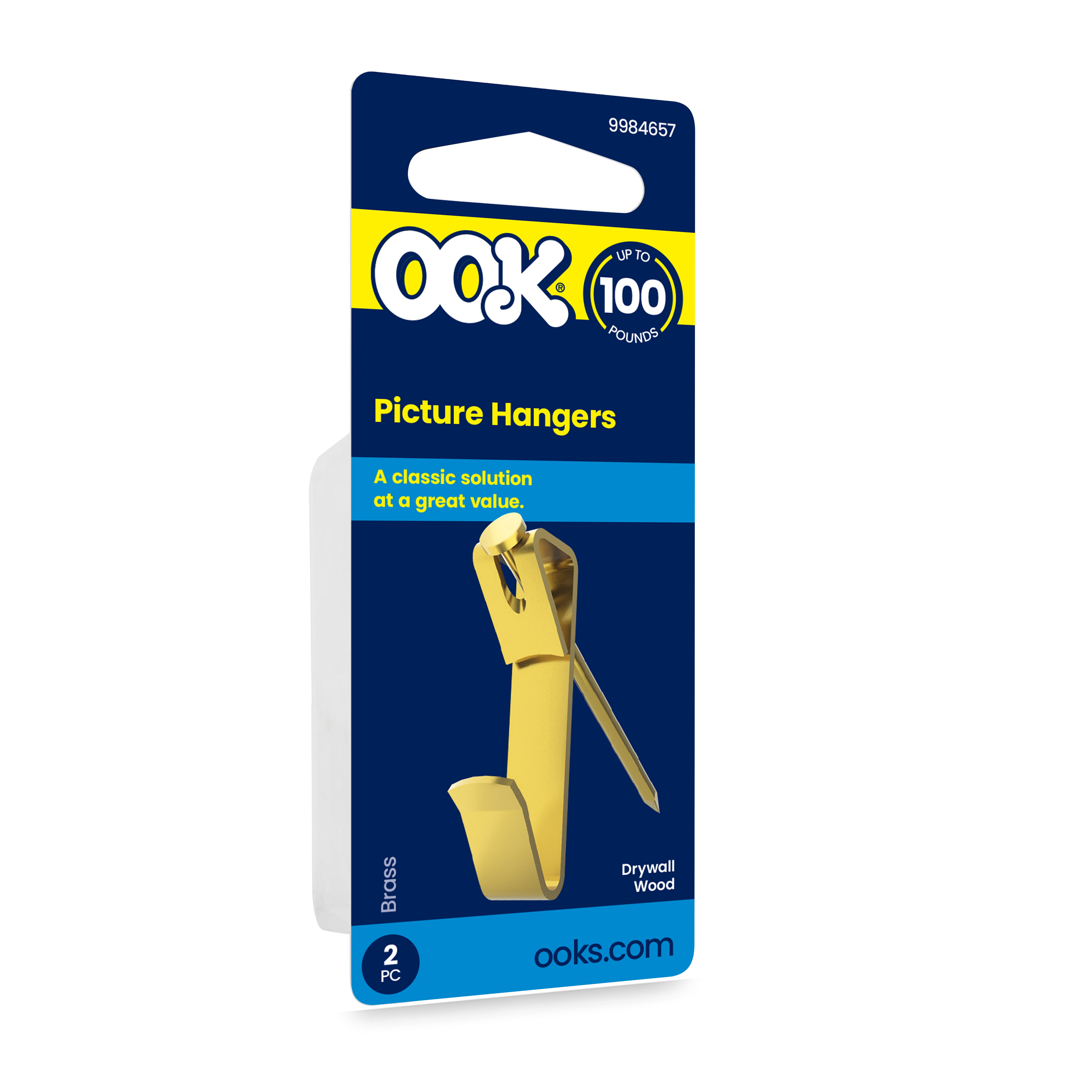 (4 pack) Ook Picture Hangers, 100 lbs, for Drywall and Wood, Steel, Brass Finish, Gold, 2 pack