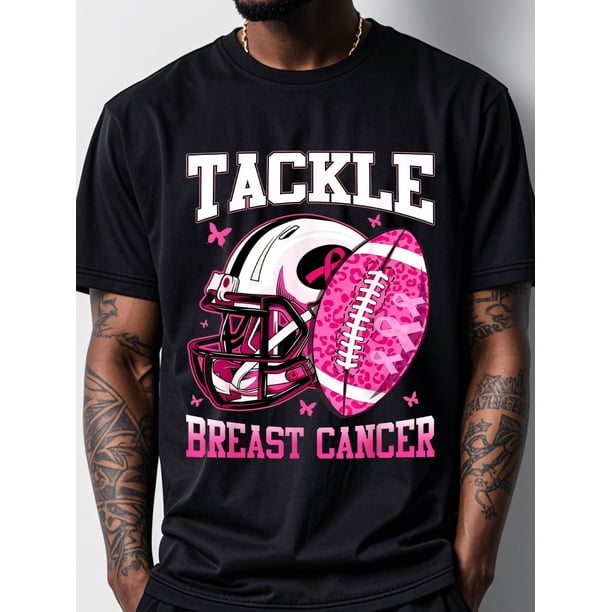 Tackle Breast Cancer Crew Neck Casual T-Shirt Men's T-Shirts Black T-Shirts For Men Cotton T-Shirts For Men Funny T-Shirts Soft 100% Cotton Hiking Running Gym-Friendly Tee For Adult, Men, Wo
