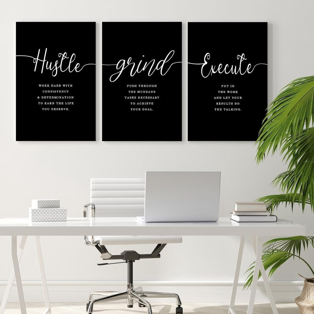Canvas Painting Wall Art, Grind Hustle Execution Motivational Wall Art Decoration Posters Prints for Living Room Bedroom Office Decor Gallery Wrapped Canvas Art Set Framed Ready to Hang 12"X16"