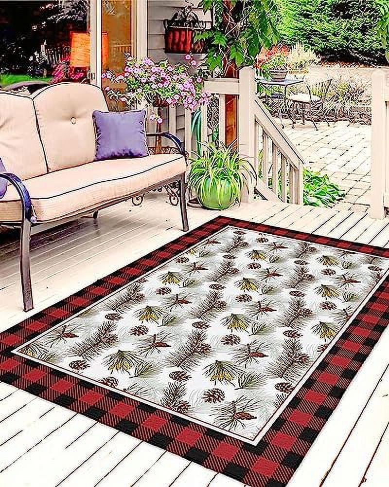 Outdoor Rug Christmas Winter Snow Cardinalis Black White Plaid