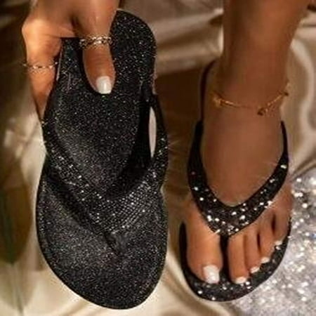 

Slippers for Women Gnobogi Womens Glitter Bling Fancy Slide Flat Low Wedge Casual Fashion Sandals Shoes
