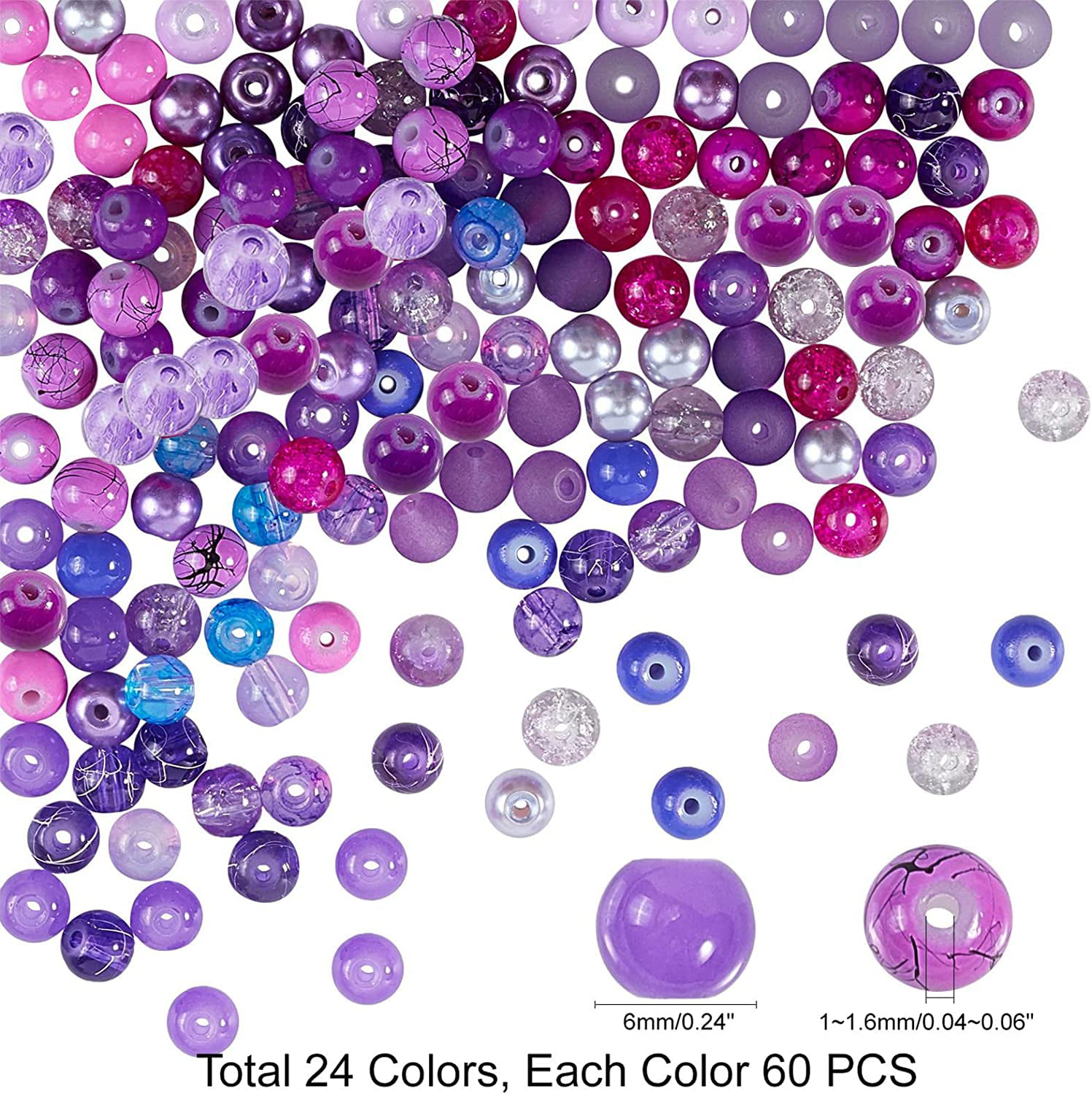 24 Color 6mm Glass Beads for Bracelet Jewelry Making 1440pcs Purple Round Spacer Loose Beads for Friendship Bracelets Necklaces Earring Making, Adult