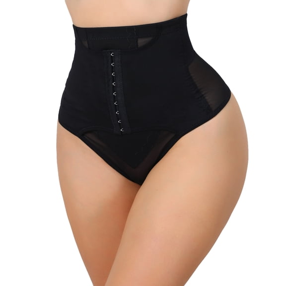 INSPIRE CHIC Women's High Waisted Tummy Control Bodyshaper Panties Thong with Front Hook Closure Small Black