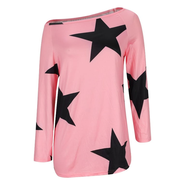 Womens Off Shoulder Sweatshirt Pullover Trendy Stars Printed Crew
