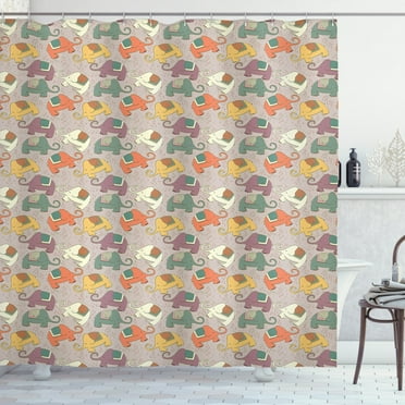Elephant Shower Curtain, Hand Drawn Style Ethnic Asian Animal Characters with Bicycle Wheels Background, Fabric Bathroom Set with Hooks, 69W X 84L Inches Extra Long, Multicolor, by Ambesonne