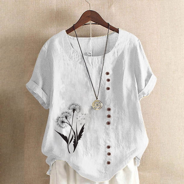 Karight Womens Cotton Gauze Shirt Dandelion Print Summer Beach Blouse Short Sleeve Casual Loose Comfy Tunic Tops Plus Size