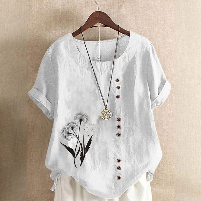 Karight Womens Cotton Gauze Shirt Dandelion Print Summer Beach Blouse Short Sleeve Casual Loose Comfy Tunic Tops Plus Size