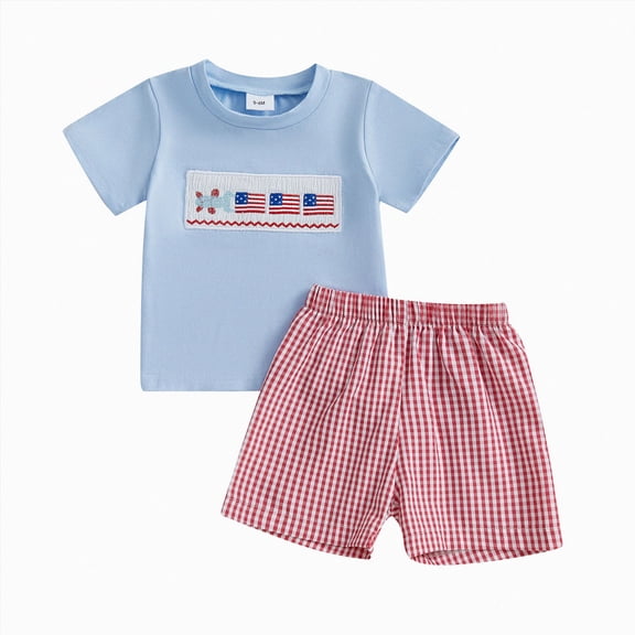 HCNTES Toddler Boy 4th of July Patriotic Clothes Set, American Flag Embroidered T-Shirt & Plaid Shorts, 2Pcs Independence Day Outfits 6 12 18 24M 2T 3T