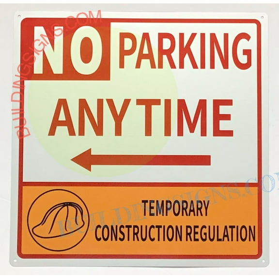 NO PARKING ANYTIME WITH LEFT ARROW SIGN(14x14,WHITE,ALUMINUM) -ref19722