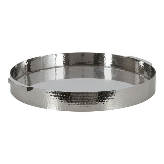 Kate and Laurel Samana Modern Glam Round Metal Tray, 16 Inch Diameter, Silver, Circular Polished Stainless Steel Decorative Tray with Hammered Surface and Minimalist Handles
