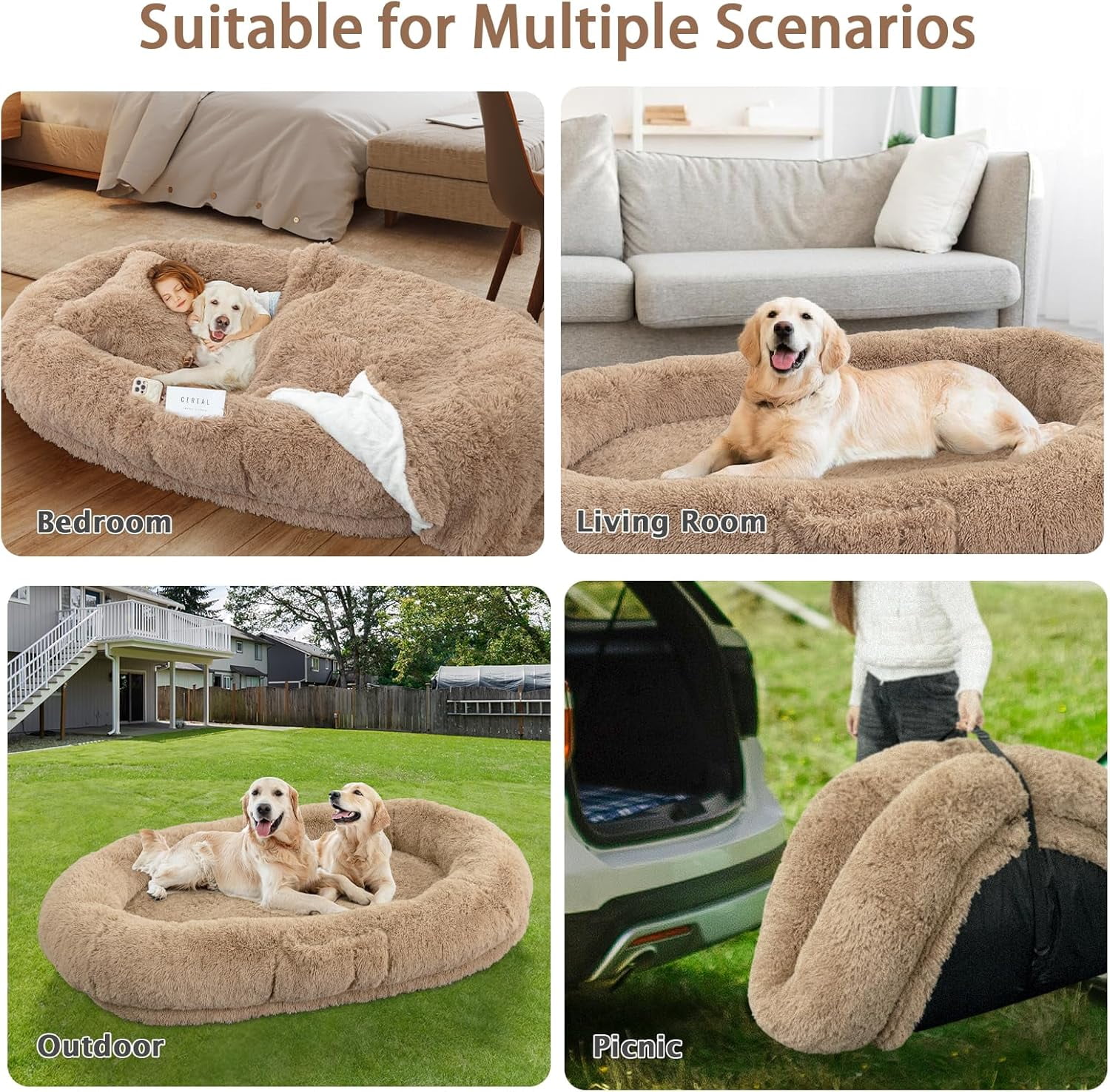 Oversize Human Dog Bed Memory Foam Bed with Plump Pillow and Blanket Khaki 71"L x 45"W x 12"Th