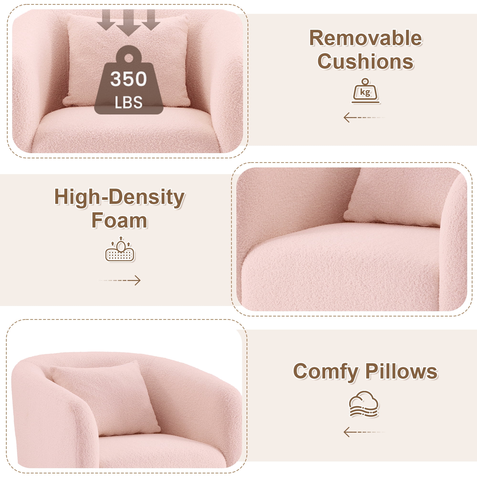 MAYEERTY 31.1" Pink Boucle 360° Swivel Barrel Chair,350LBS Wood Frame Accent Chair with Pillow for Living Room Bedroom Office