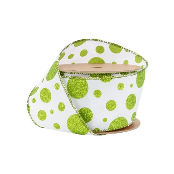 LaRibbons 2 1/2" Wired Ribbon, Green Glittered Dots on White, 10 Yard Roll