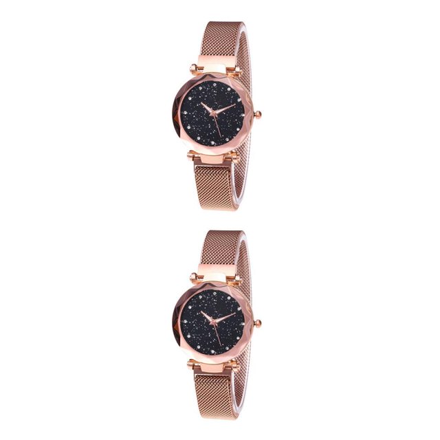 Reloj de pulsera Sidaley Star Sky para mujer correa de malla cuarzo analógico color oro rosa 2piezas