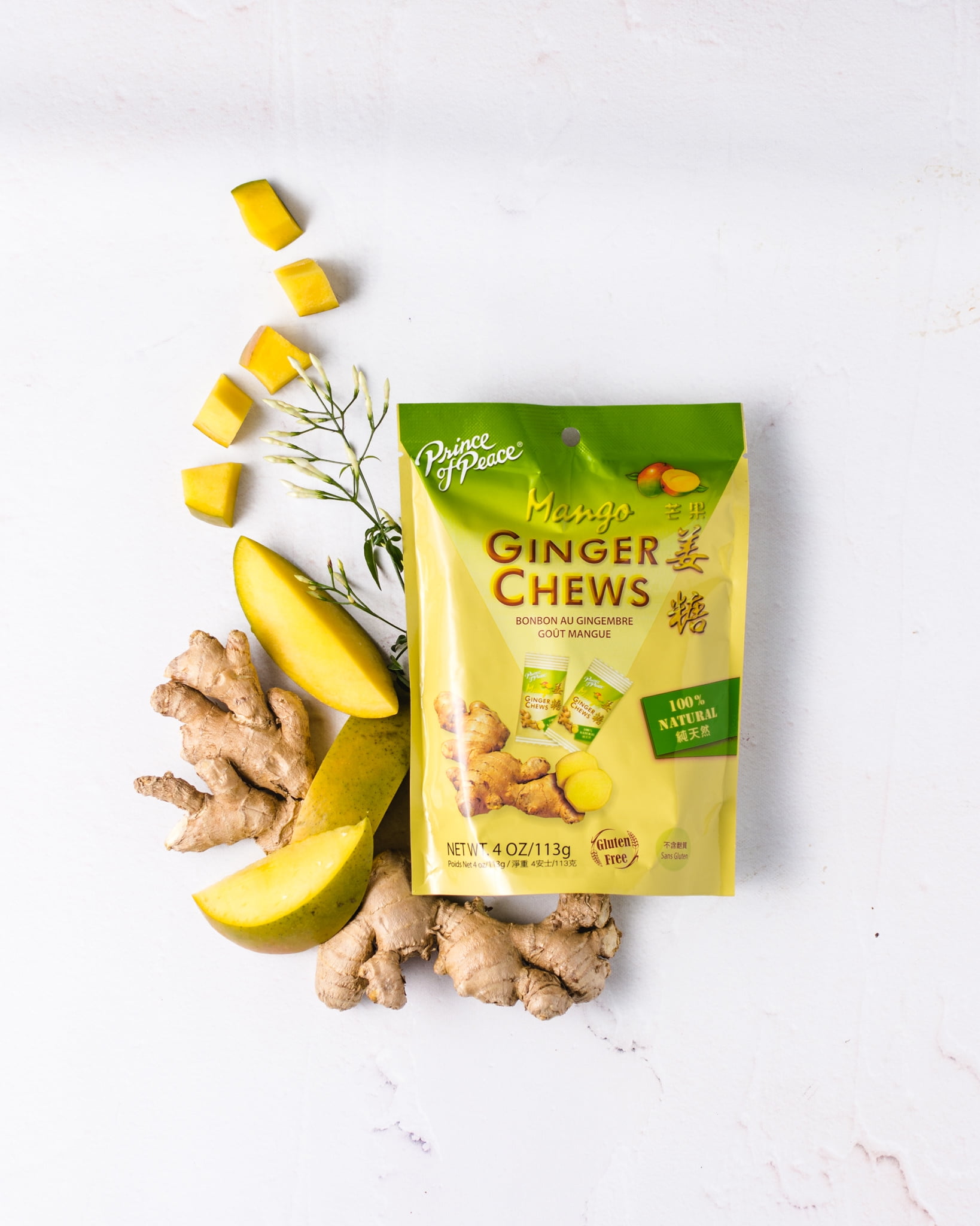 (2 pack) Prince of Peace Ginger Chews, Mango Flavor, 4 oz Bag, Nausea Relief, Kosher, Non-GMO, All Natural