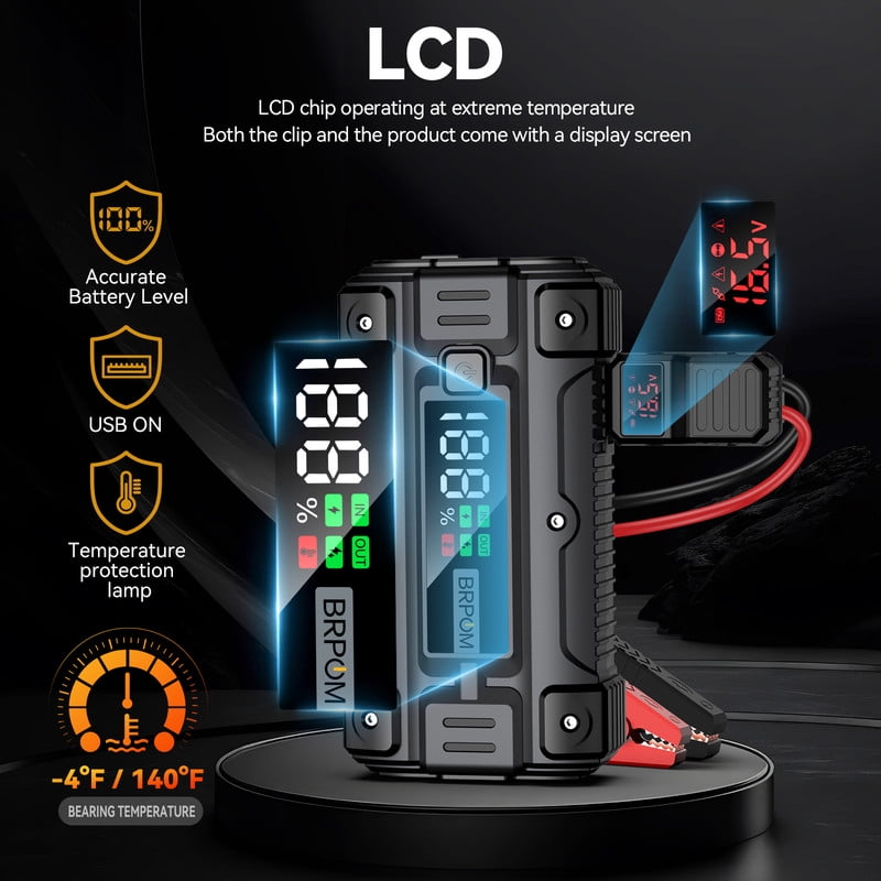 BRPOM Car Jump Starter 6000A Peak 12V Battery Jumper Starter Portable (All Gas/10.0L Diesel Engine), Car Battery Booster Jump Box with Smart Jumper Cables, LCD Display & 4-Mode LED Light