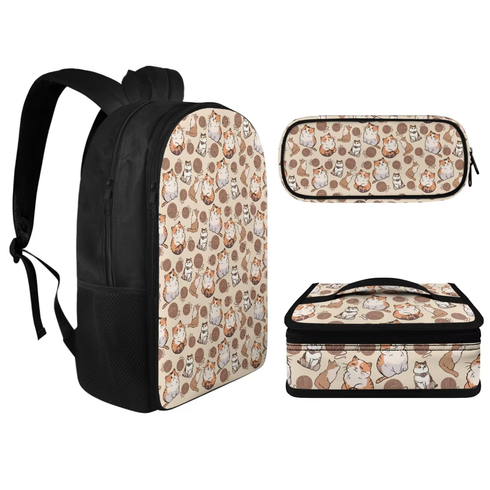 KUIFORTI Cat Pencil Case Casual Shoulder Backpack Lunch Pouch Zipper Closure 3 Pack Crossbody Bag Set