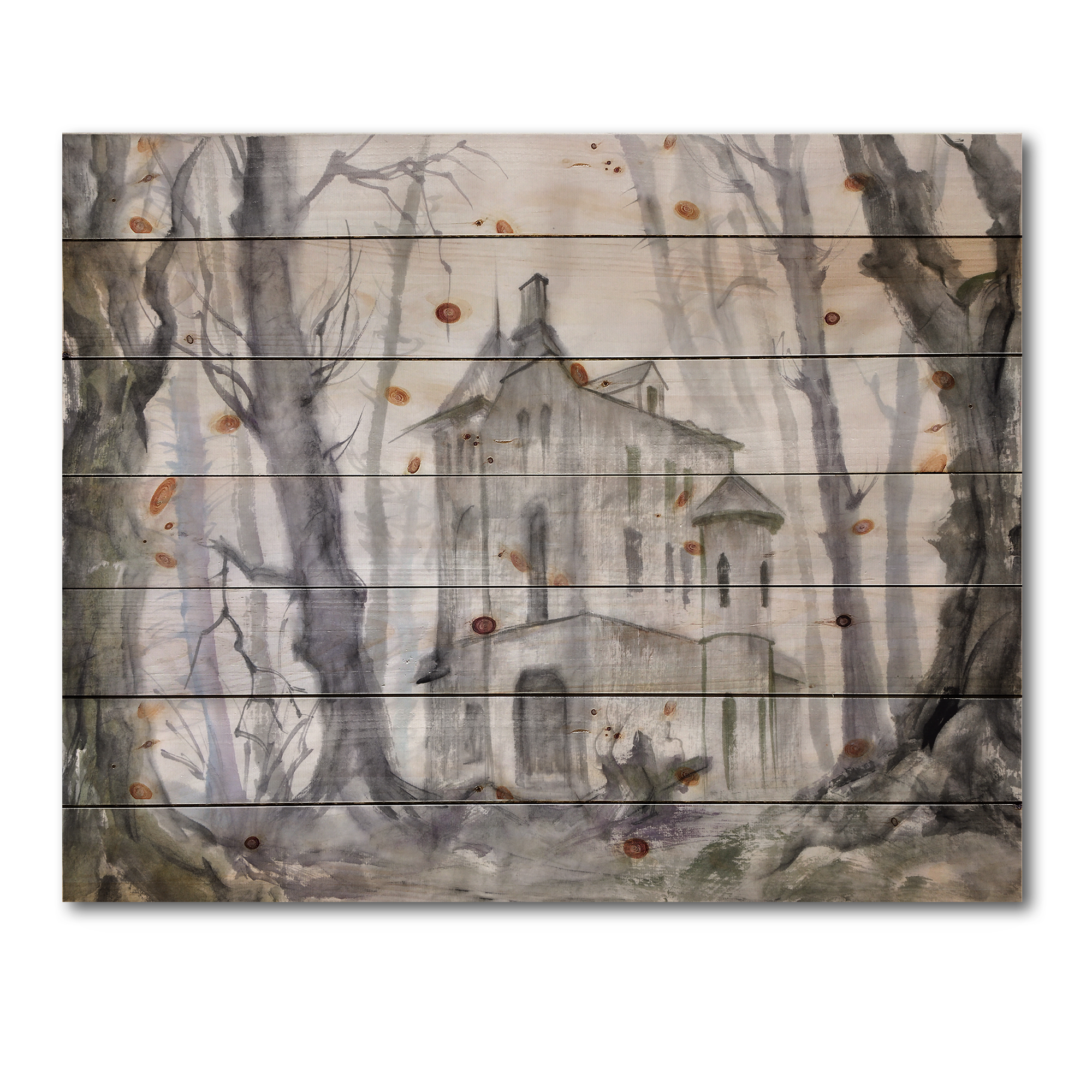 Designart 'Old Haunted Castle In The Woods' Traditional Print on Natural Pine Wood