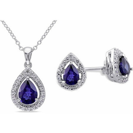4-7/8 Carat T.G.W. Created Blue and White Sapphire Sterling Silver Set of Teardrop Halo Pendant and Earrings, 18
