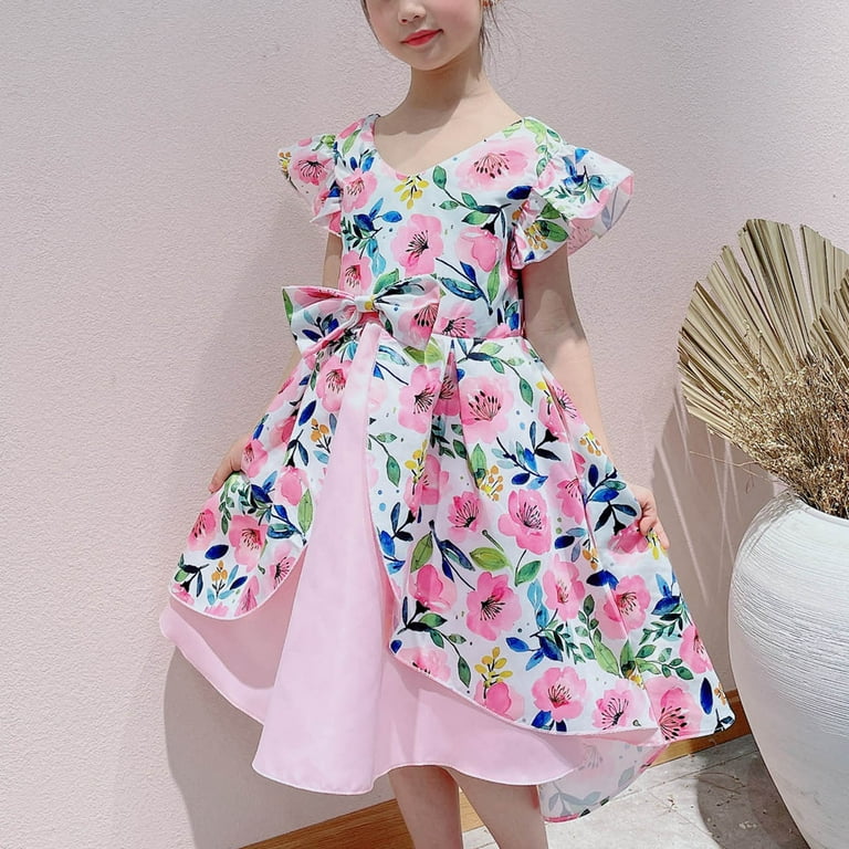 Lovskoo Girls Twirl Dress Ruffle Sleeve Net Yarn Flowers Print Bow Ruffles Birthday Party Gown Long Dresses for 2 10 Years Baby Clothes Pink
