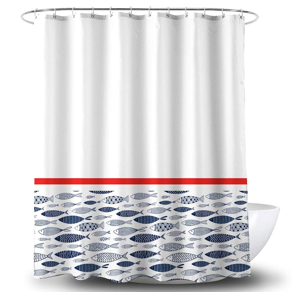 Shower Curtain Set with 12 Hooks Waterproof White Fabric, 70"x70" - Fish