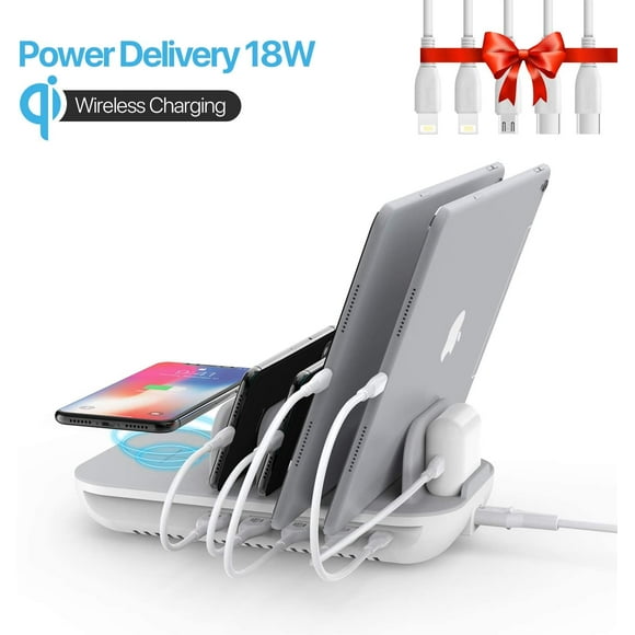 SooPii 60W 5-Port Charging Station with 10W Wireless Charging Pad, 1 USB-C Port with 18W Power Delivery for iPad Pro