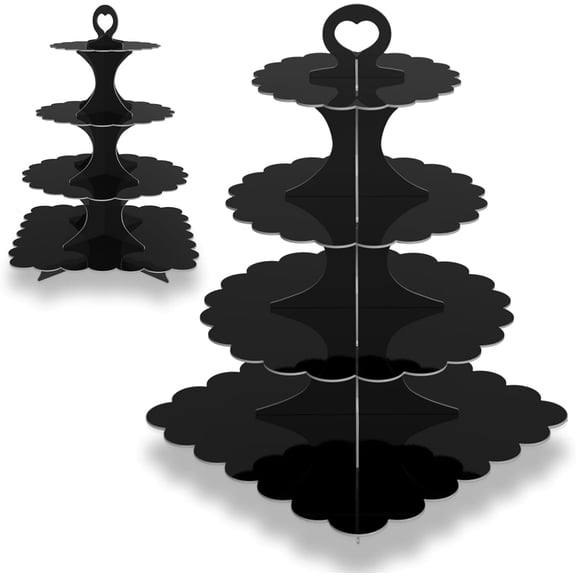 4-Tier Round & Square Cupcake Stand, 2-Pack Sturdy Cardboard Holder for 24/50 Cupcakes | Black Display for Birthday, Graduation Party Supplies