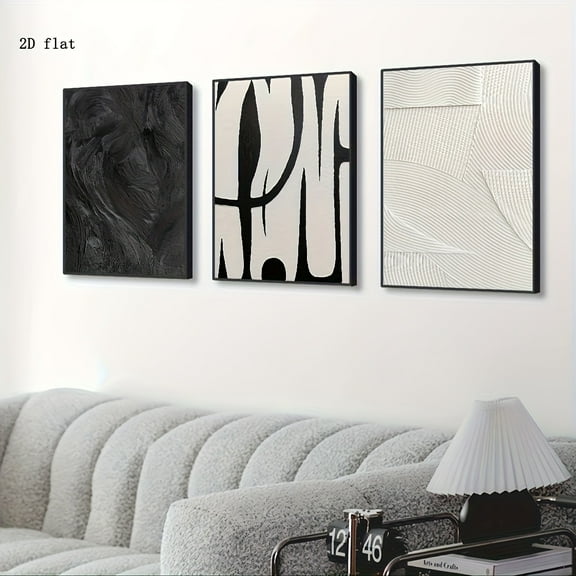2D Flat 3pcs Black Abstract Wall Art Black And White Textured Painting Large Canvas Abstract Painting Modern Texture Wall Art Contemporary Wall Decoration