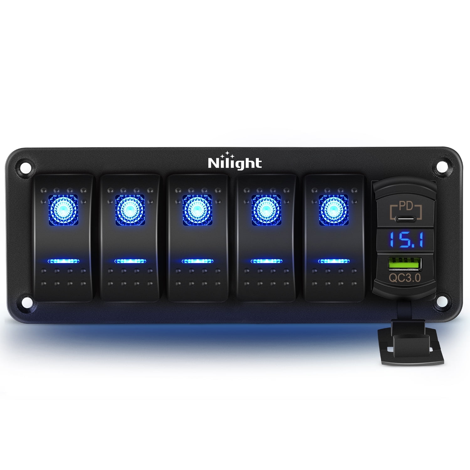 Nilight 5 Gang Rocker Switch Panel Blue Backlit with PD Type C and USB  Charger Voltmeter Waterproof 12V 24V DC Rocker Switch with Night Glow  Stickers 
