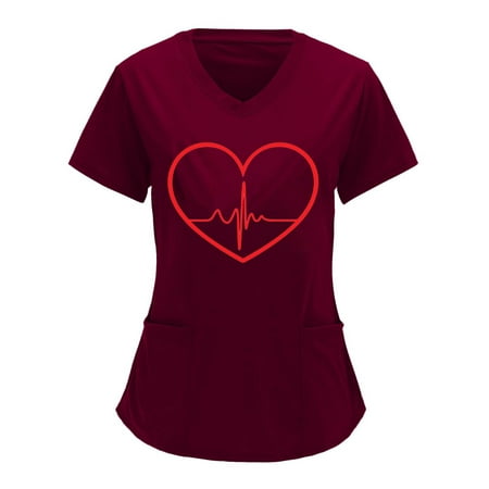 

Orange Top Women Work Shirts for Women Women Cute Heart Pattern Shirts Short Sleeve Tops V-Neck Two Pockets Scrub T Shirts Faith Shirts for Women