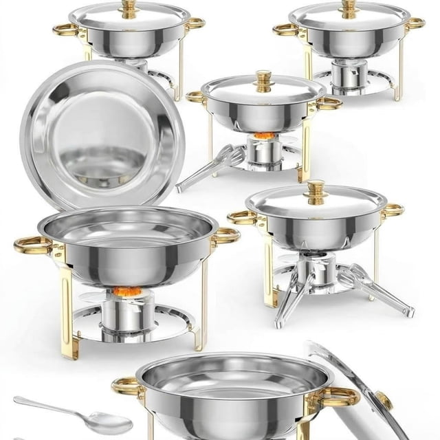 Garvee Réchaud Rond de 5 Qt pour Aliments, Plat Anti-Frottement, Buffet, Ensemble de 6, Or et Argent