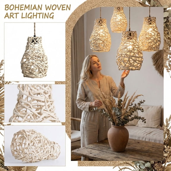 Hand-Woven Boho Pendant Lamp Shade, Vintage Rattan Wicker Hanging Light Cover, Handmade Rustic Decorative Lamp Shade For Living Room, Bedroom, Dining Area, Cafe,