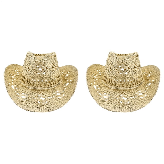 2X Sombreros de Vaquero de Paja para Mujer Sombrero de Vaquera Occidental para Fiesta de Vacaciones Sombrero Plegable para en la Playa con Ala C