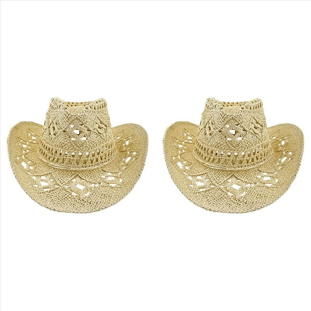 2X Sombreros de Vaquero de Paja para Mujer Sombrero de Vaquera Occidental para Fiesta de Vacaciones Sombrero Plegable para en la Playa con Ala C