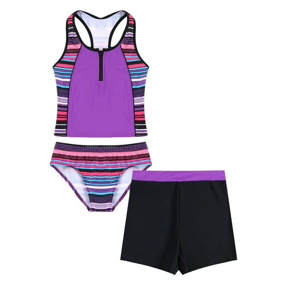 YONGHS Kids Girls 3 Piece Tankini Swimsuit Floral Print Top with Boyshorts Bottoms Swimwear 4-16 Rose Red 10