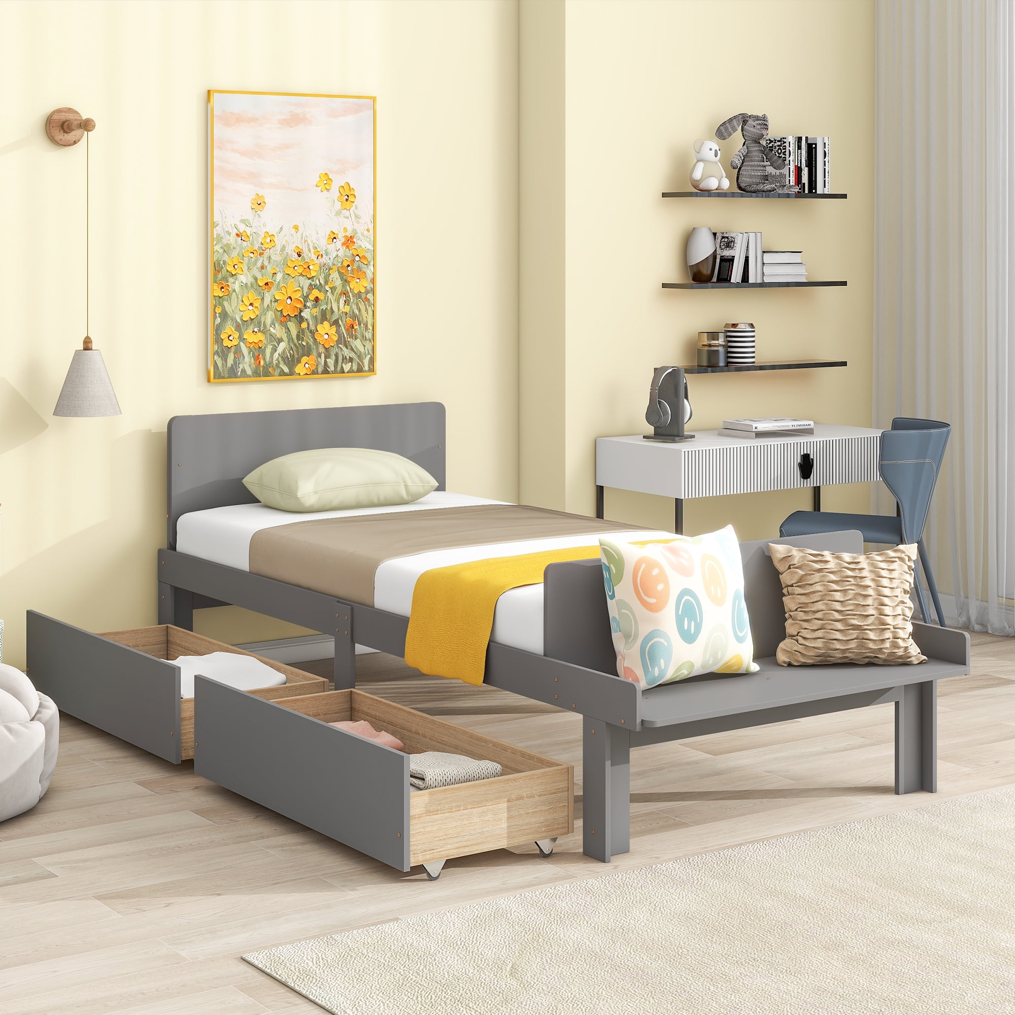 Bellemave Twin Platform Bed with Drawers and Bedend Bench Twin Wooden