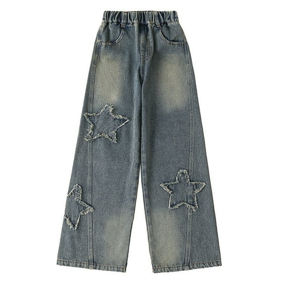 Posijego Girls Jeans 4-16t Elastic Waistband Wide Leg Baggy Pants with Stars Denim Trousers for Little Big Teens