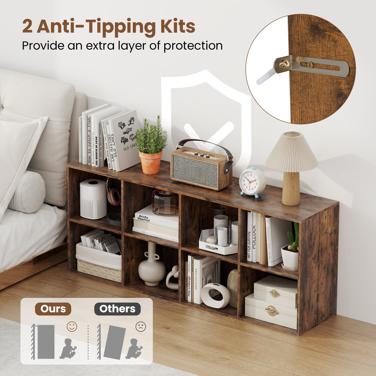 Costway 8-Cube Bookcase Bookshelf with 2 Anti-Tipping Kits Storage Organizer Rustic Brown